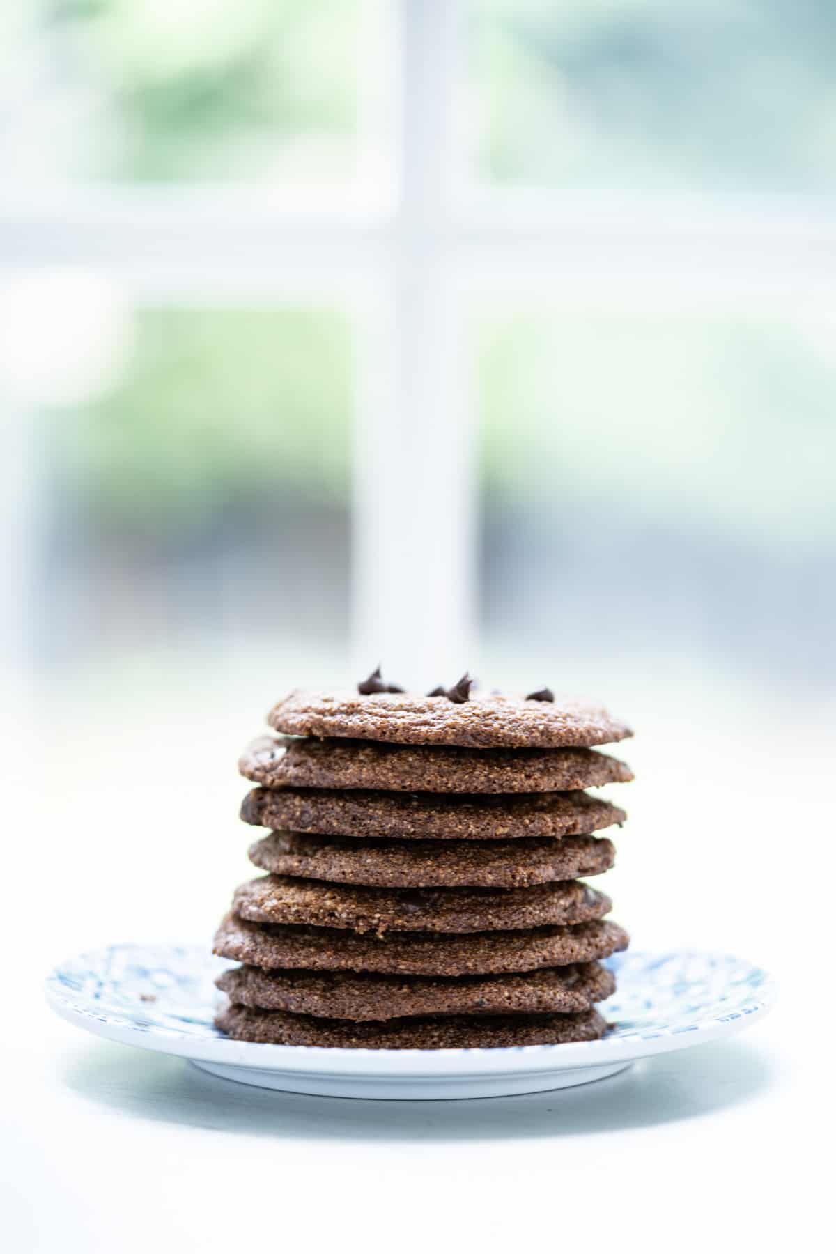 gluten free chocolate chip cookies stacked on plate