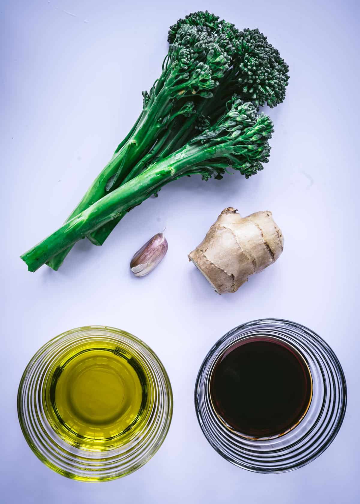 ingredients of broccolini, garlic, ginger, olive oil and tamari.
