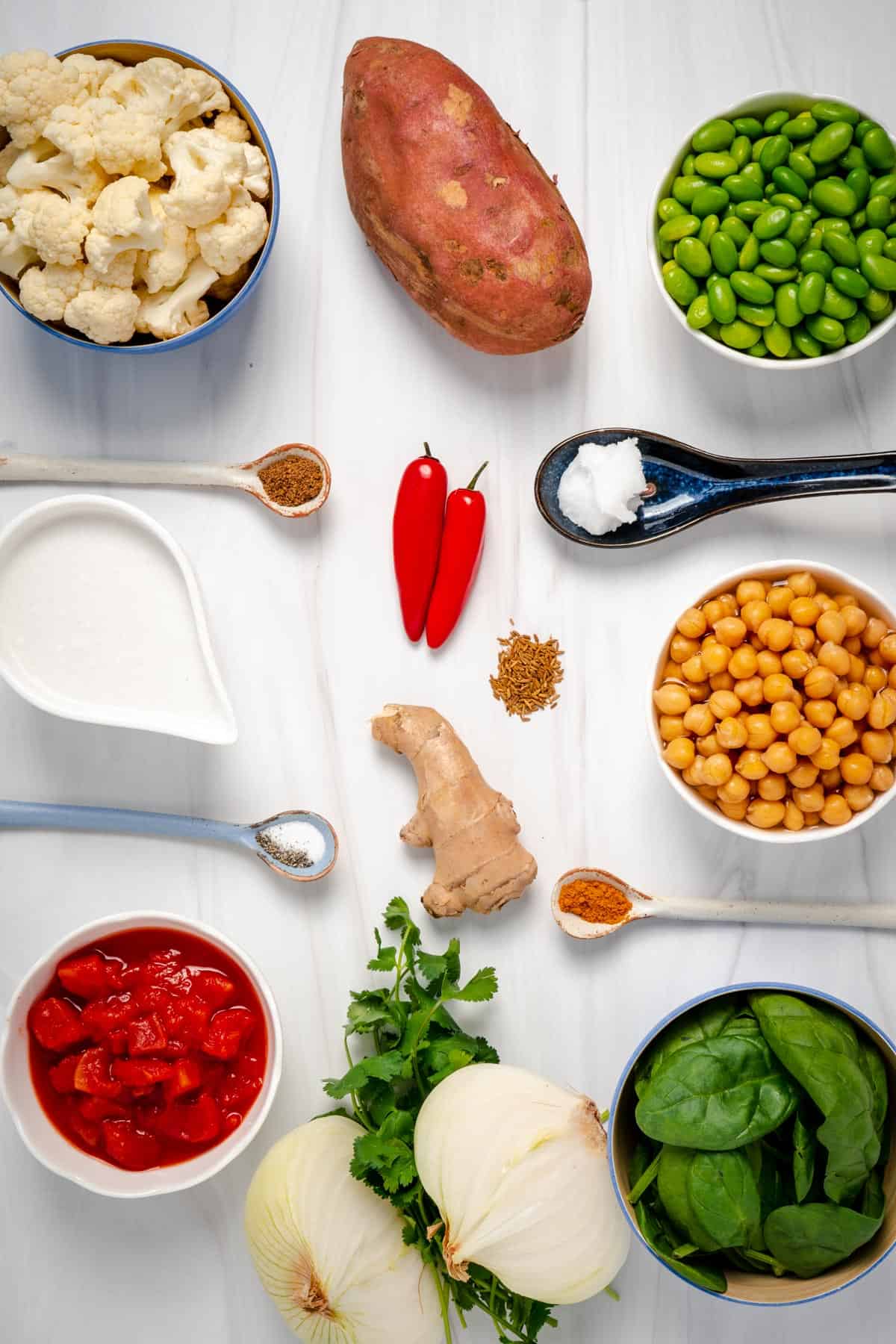 ingredients for chickpea curry on marble background