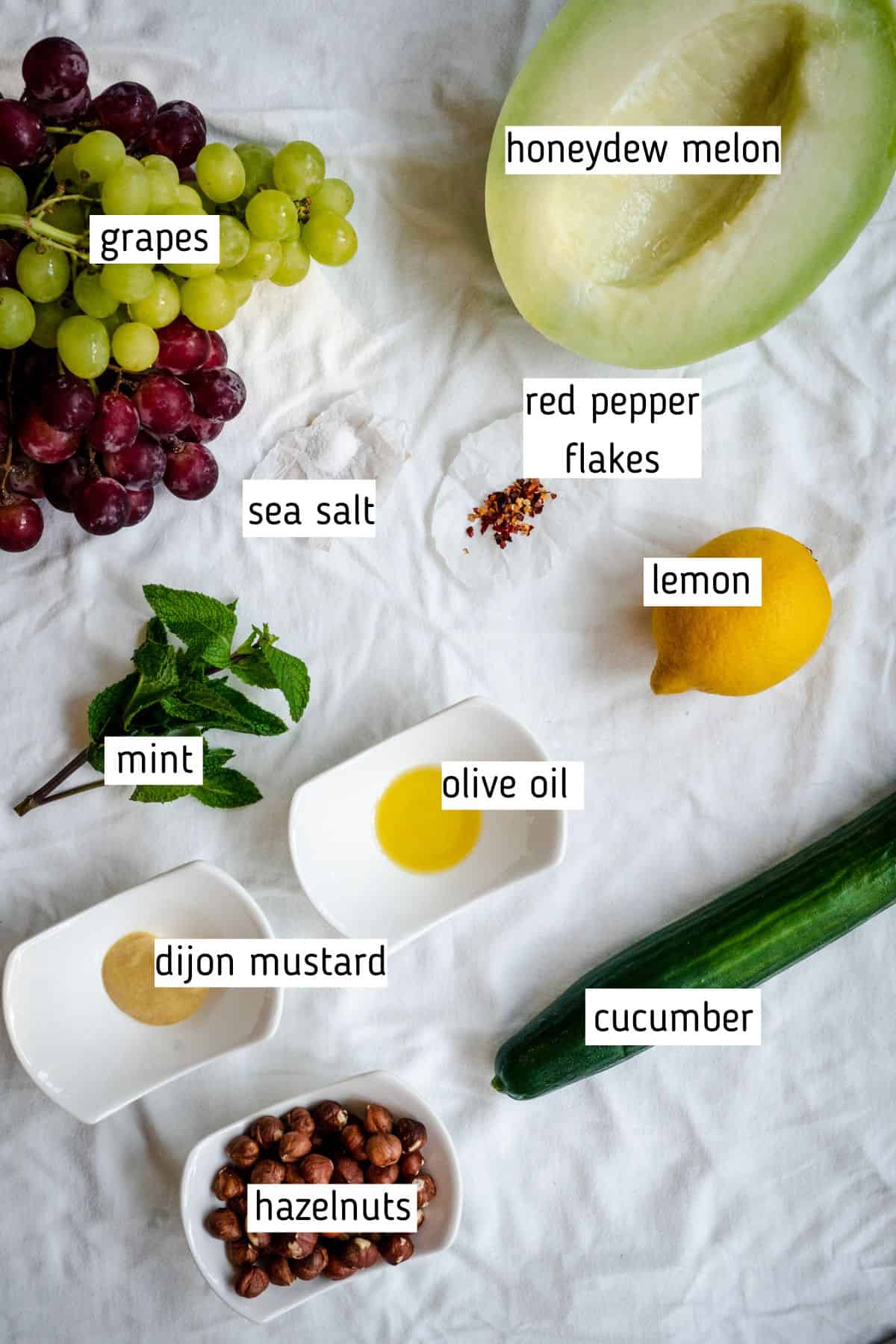 labelled ingredients for melon cucumber salad.