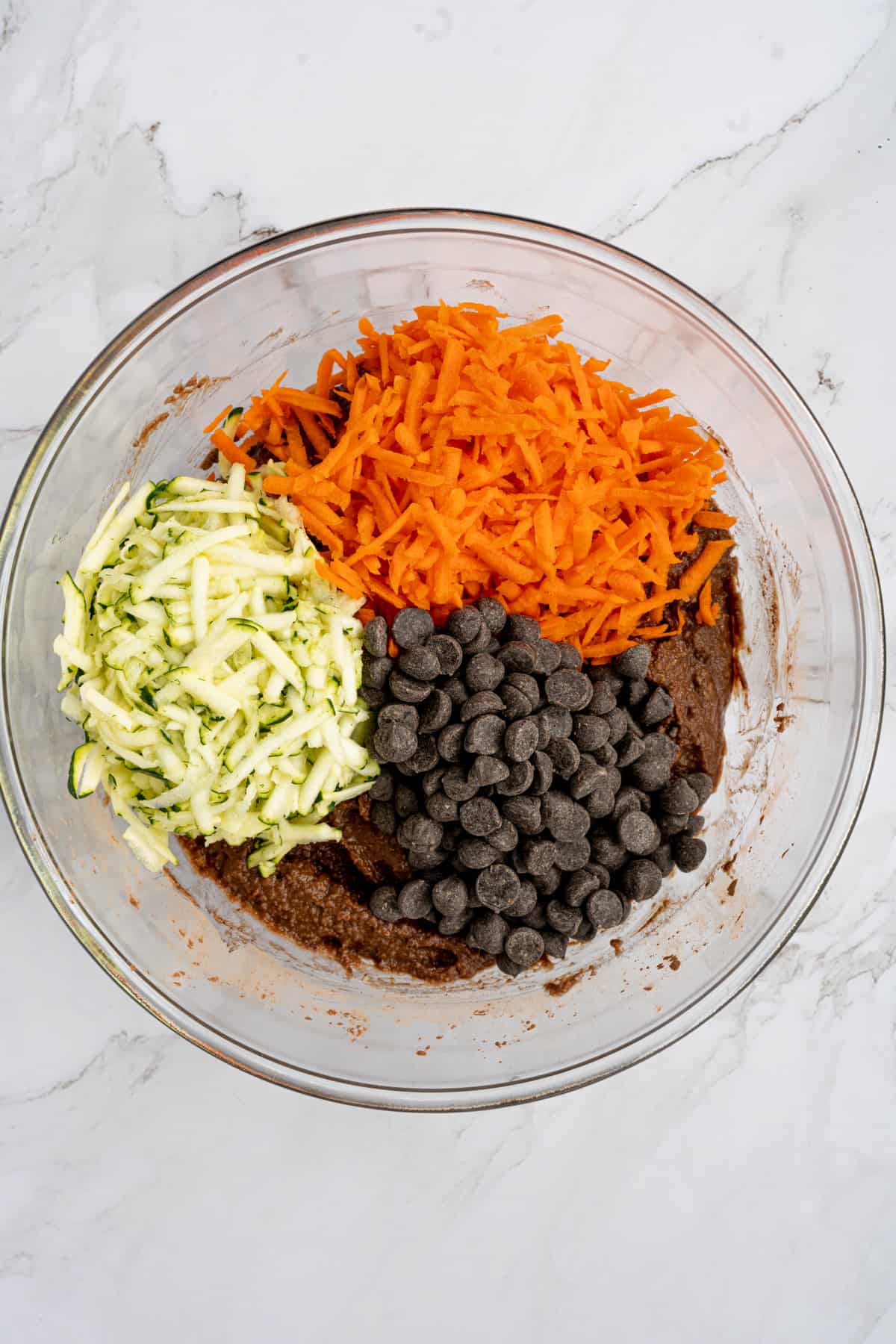 zucchini, carrot and chocolate chips added to batter.