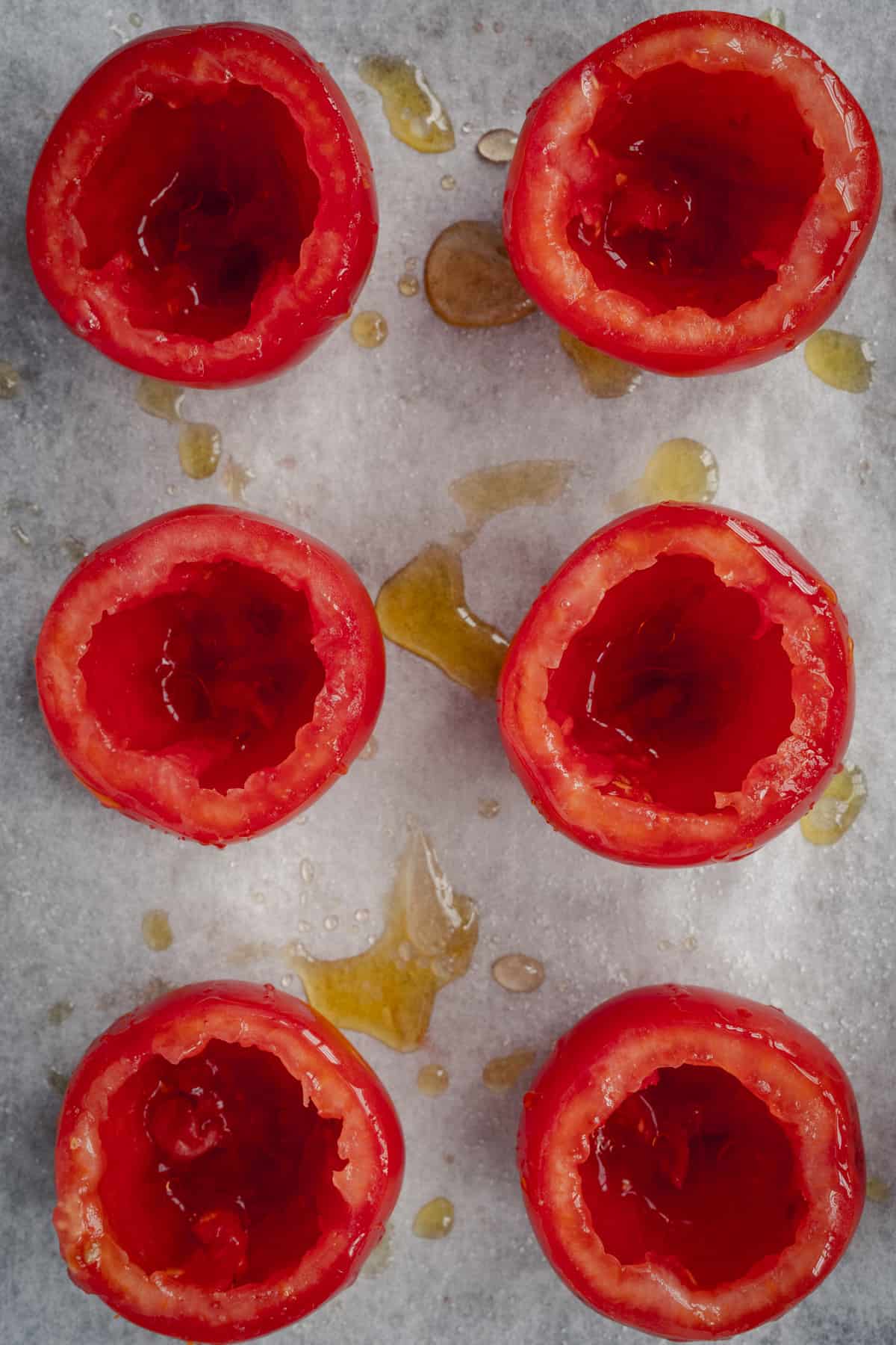 hollowed out tomatoes drizzled in honey and olive oil.