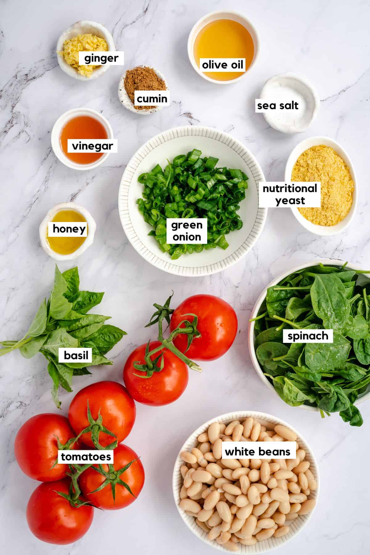 labeled ingredients for baked stuffed tomatoes.