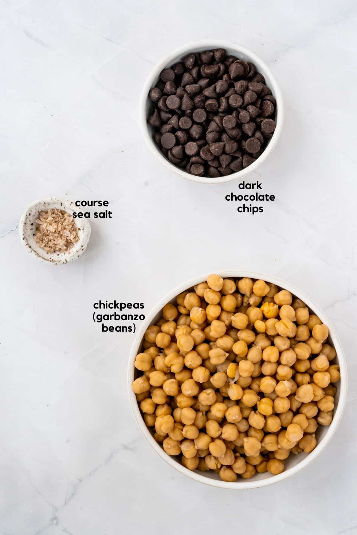 labelled ingredients for chocolate covered chickpeas.
