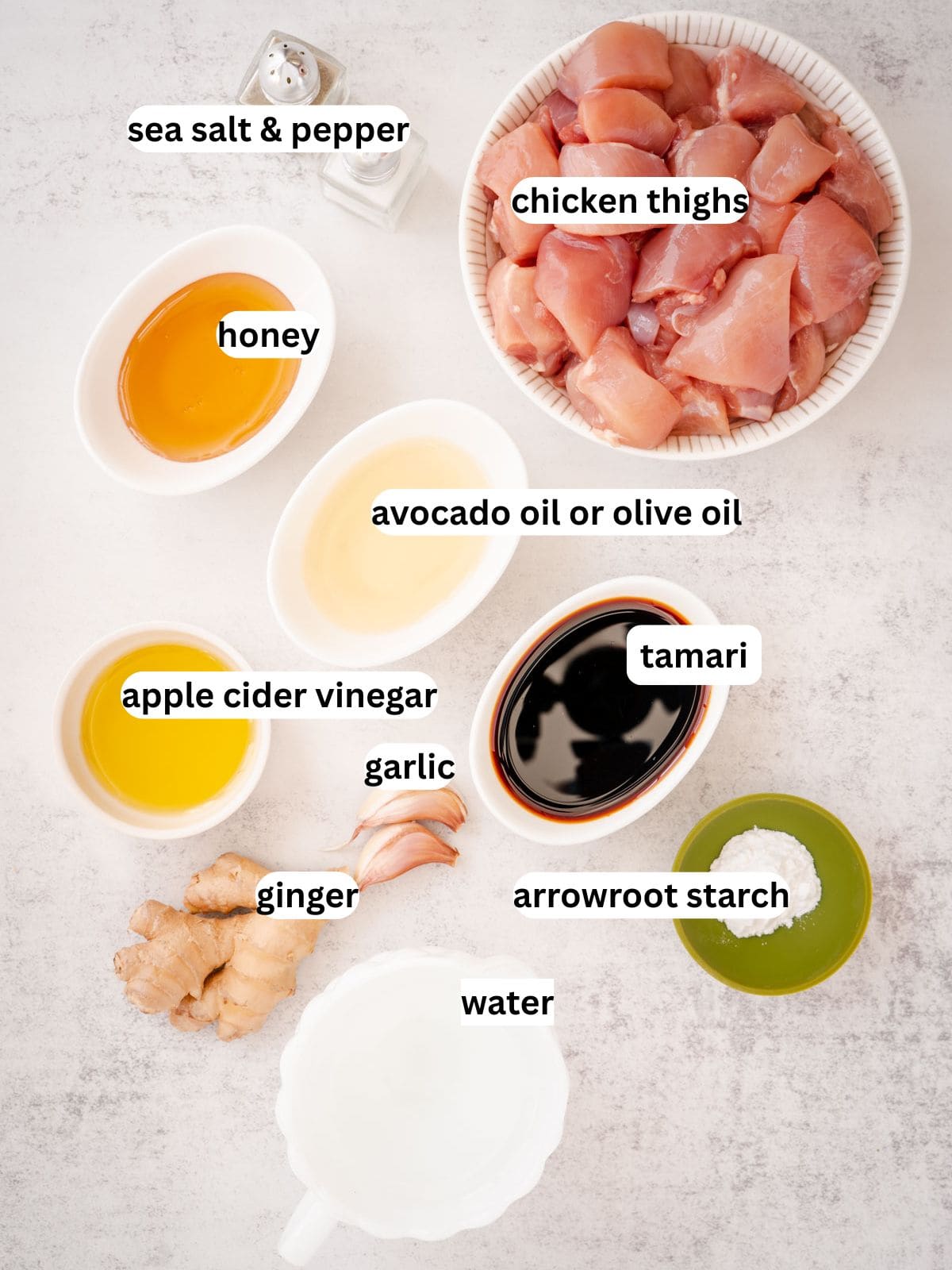 Labeled ingredients for teriyaki chicken.